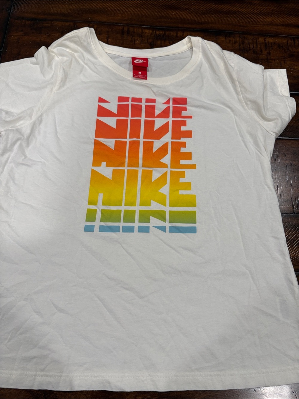 Nike White Short-Sleeve Tee with Red-Orange-Yellow-Green-Blue Gradient Logo